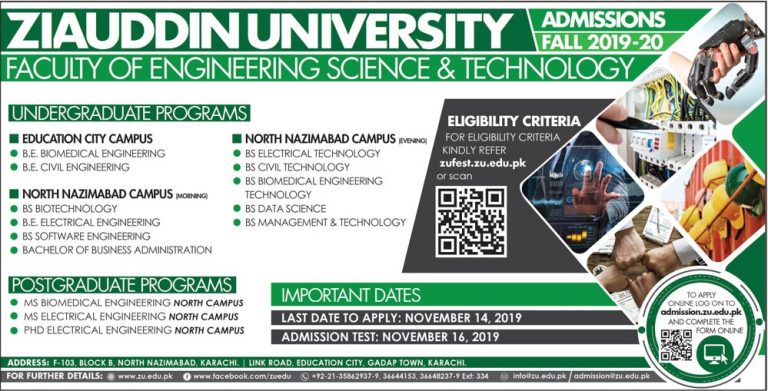 Ziauddin University Karachi Engineering Admission 2025 Form