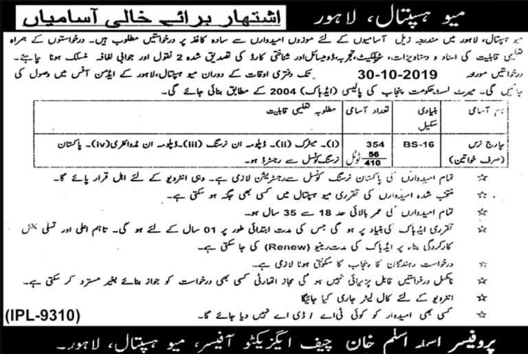 Mayo Hospital Lahore Charge Nurse Jobs 2019 Application Form