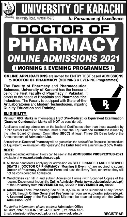 University of Karachi UOK Pharm D Admissions 2021