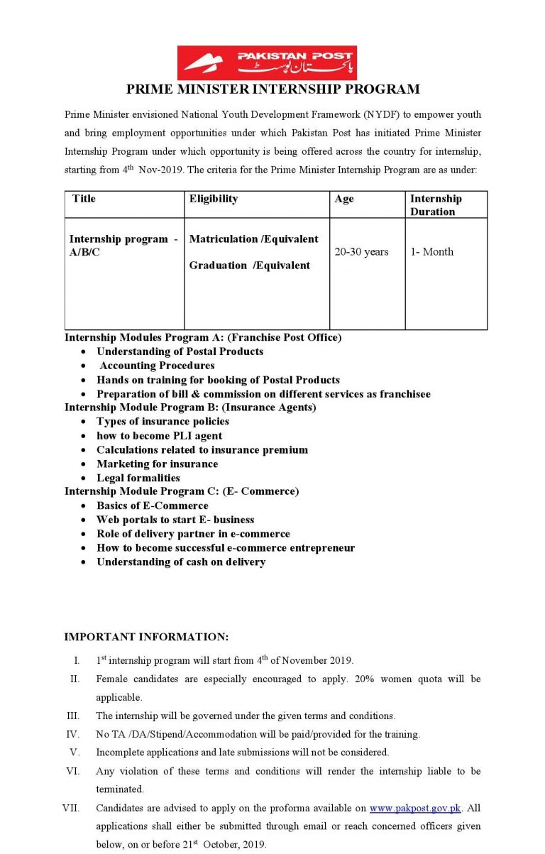 Pakistan Post Office Internship Program 2025 Application Form Download