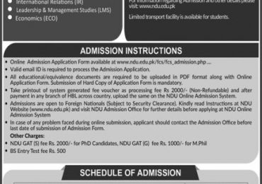 National Defence University NDU Islamabad Spring Admission 2022