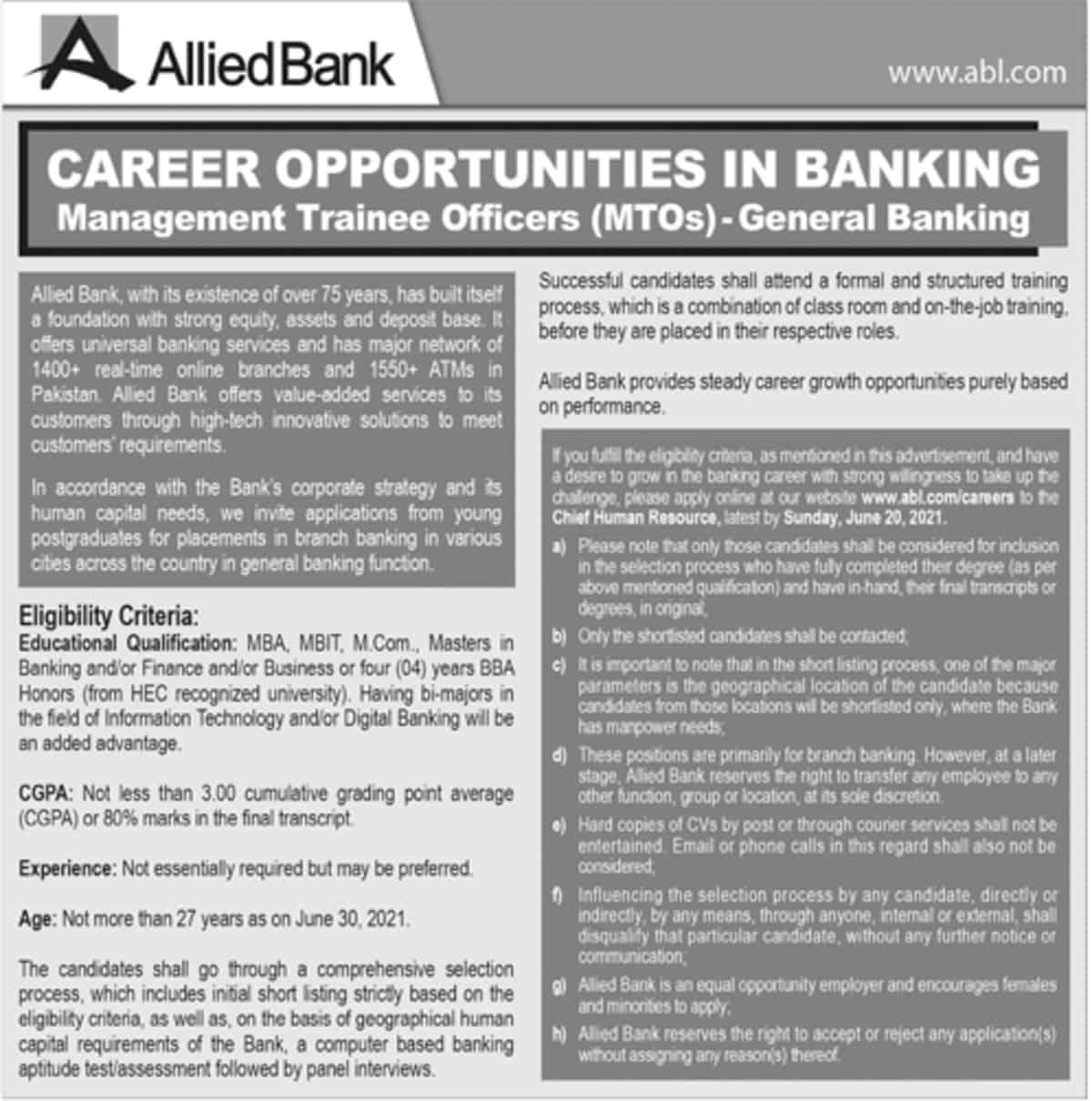 Allied Bank MTO Jobs 2021 Salary