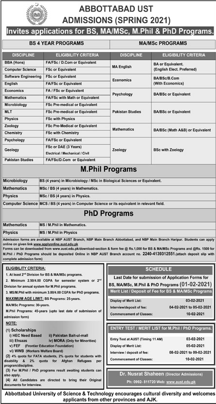 Abbottabad University Of Science And Technology Admission 2021