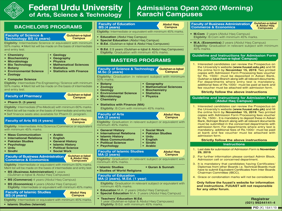 Federal Urdu University Islamabad Merit List 2020 1st, 2nd, 3rd