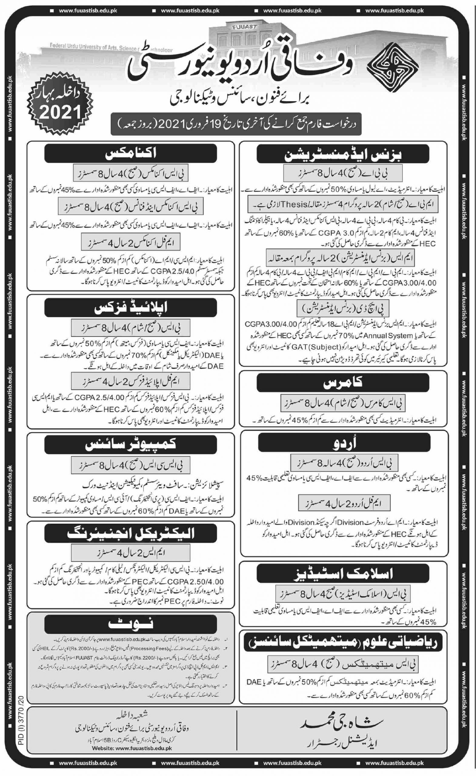 Federal Urdu University Islamabad Merit List 2021 1st, 2nd, 3rd