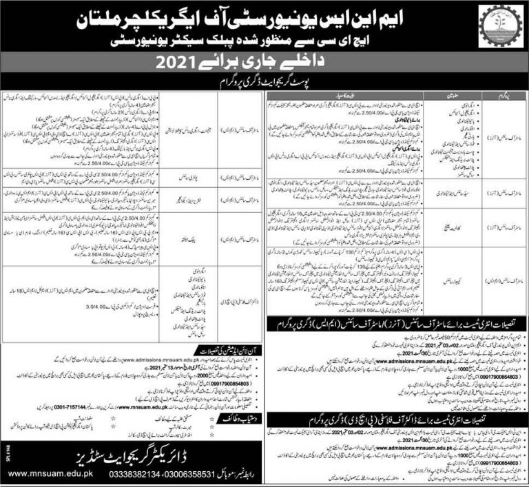 MNS Agriculture University Multan Postgraduate Admissions 2022