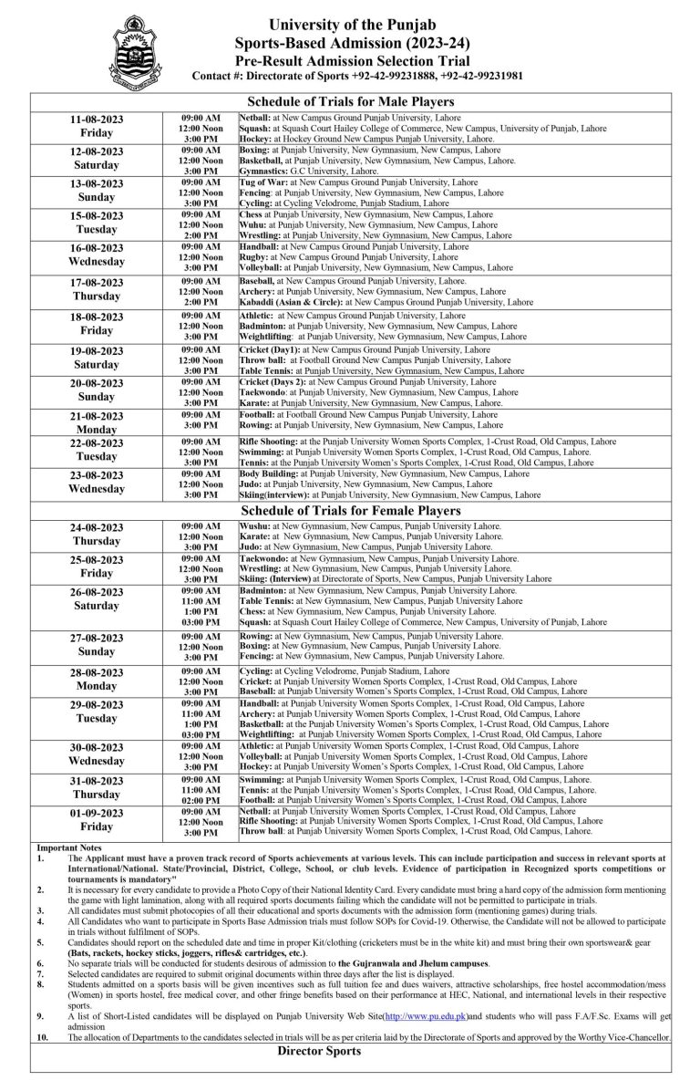 Punjab University PU Sports Base Admission 2023 Form Schedule, Date