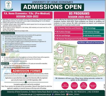 University of Home Economics Lahore Admission 2022 Form