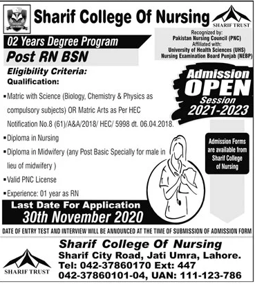 Sharif Medical College Of Nursing Lahore Admission 2021