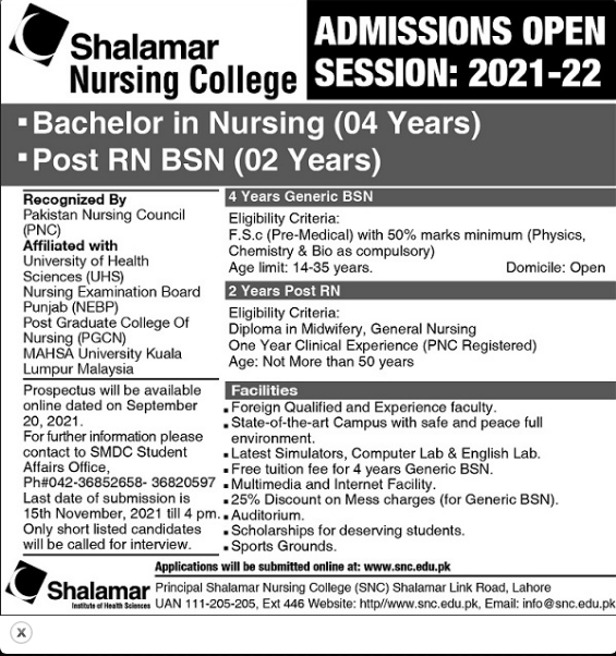 Shalamar Nursing College Lahore Admissions 2021-22 Form, Entry Test