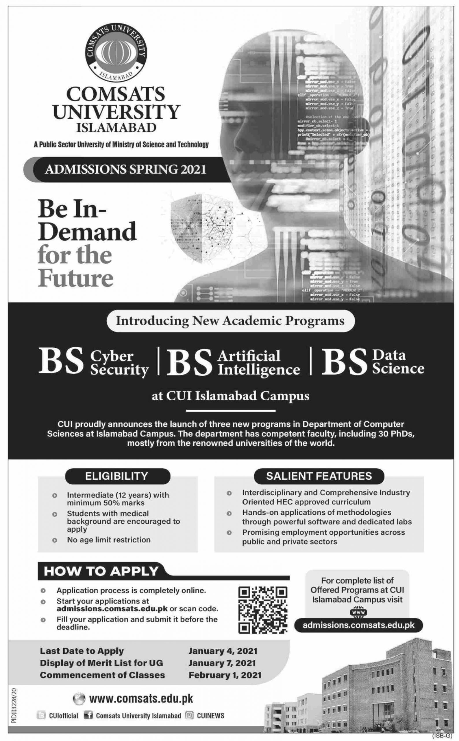 COMSATS Islamabad Admission 2021 Last Date, Advertisement