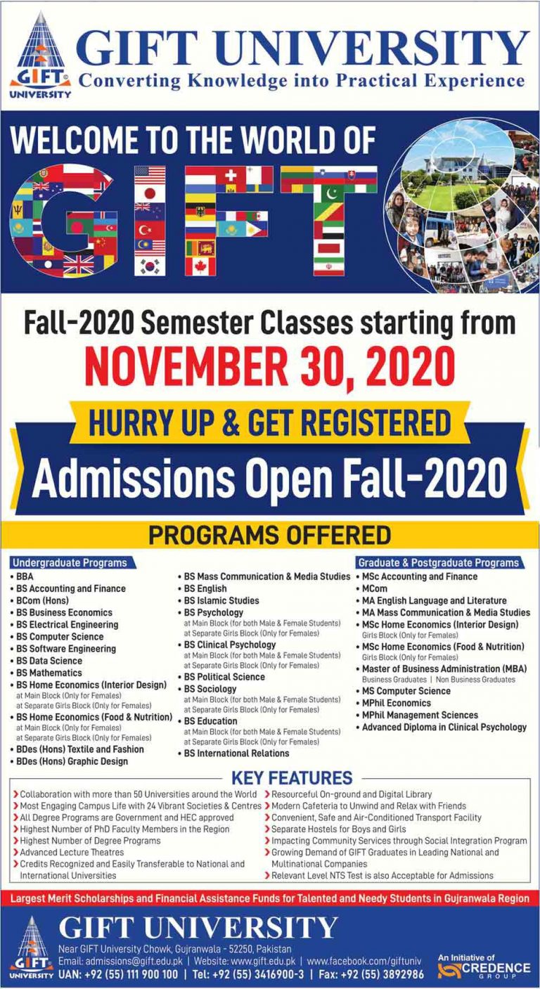 Gift University Gujranwala Admission 2023 Last Date