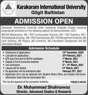 Karakoram International University Gilgit Admission 2021