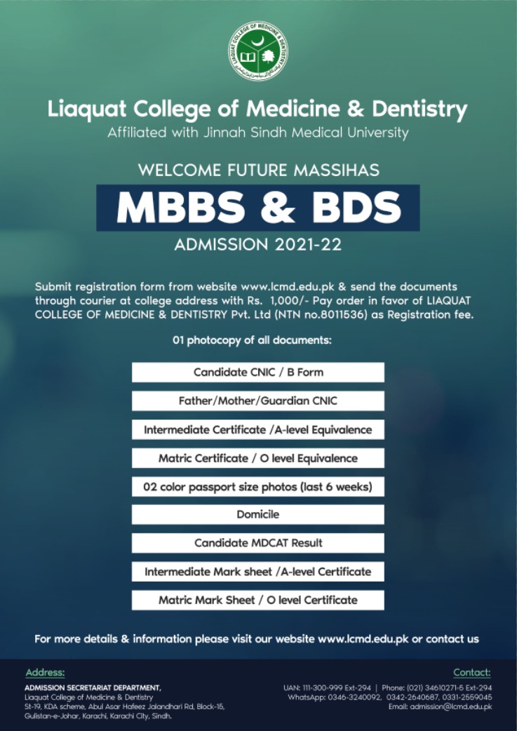 Liaquat College Of Medicine And Dentistry Admissions 2021-22