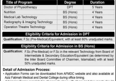 Aziz Fatimah Medical And Dental College Admission 2021-22