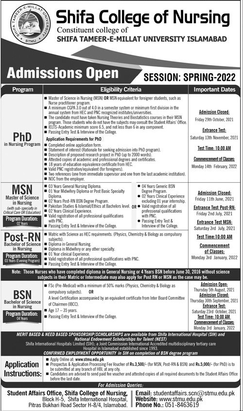 Shifa College of Nursing Islamabad Admission 2021