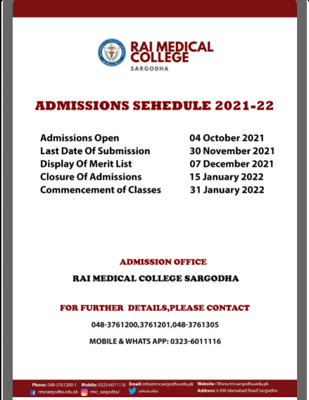 Rai Medical College Sargodha MBBS Admission 2021-22 Form