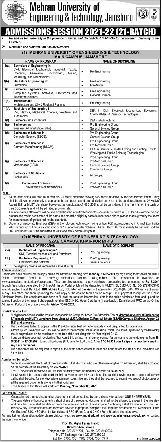 Mehran University Of Engineering And Technology MUET Admission 2021