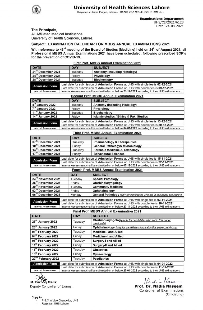 UHS MBBS, BDS Date Sheet 2022 University of Health Sciences