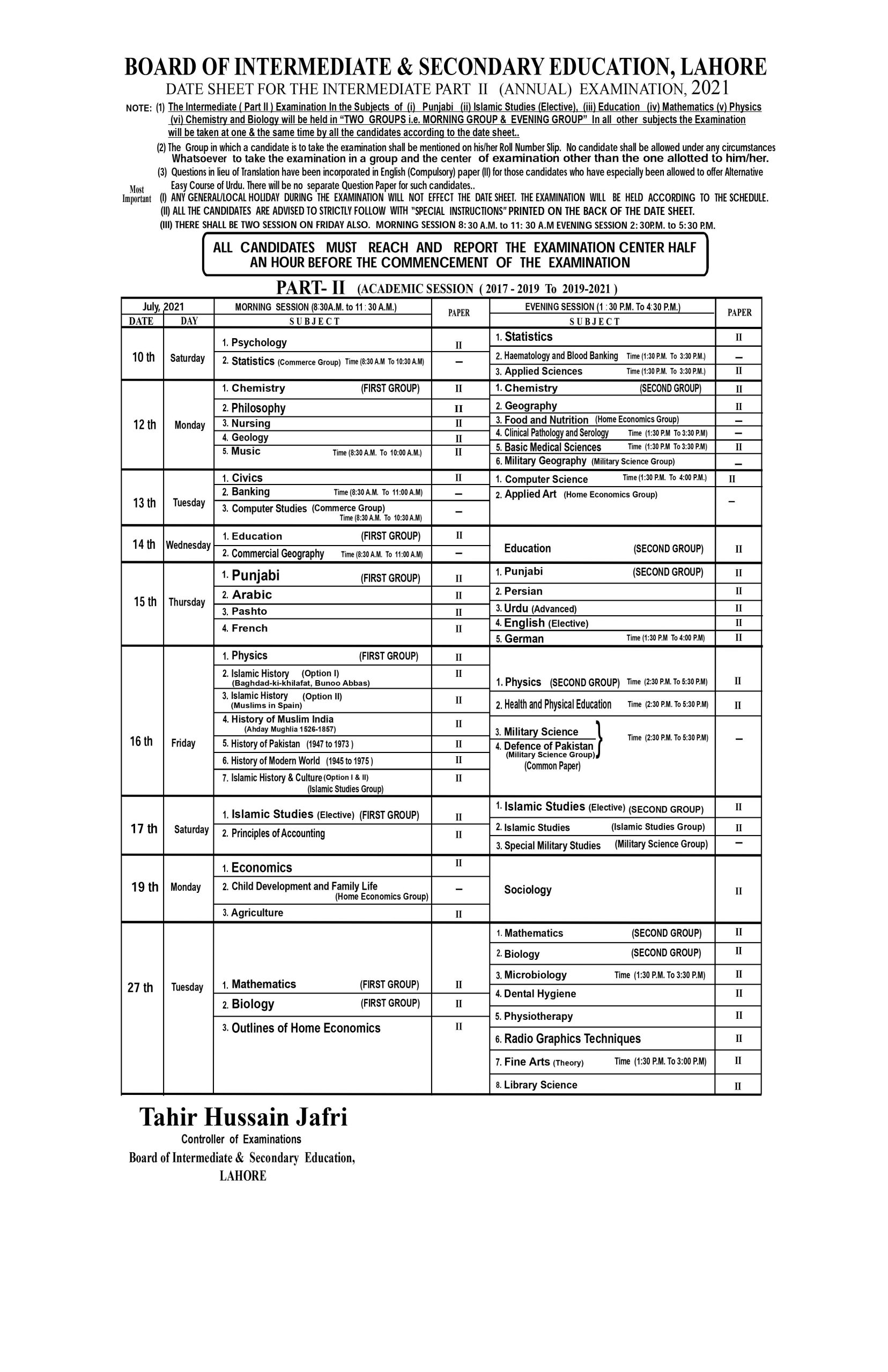 FBISE Federal Board Matric Date Sheet 2021 10th Class