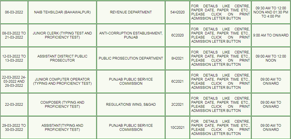 Punjab Public Service Commission PPSC Written Test Schedule 2022