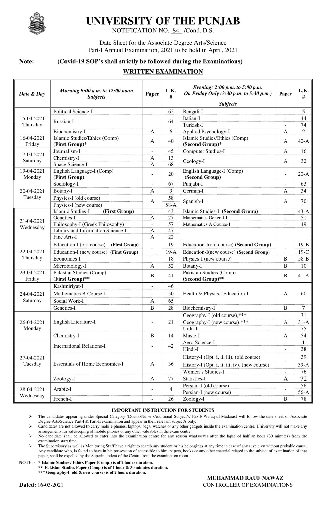 Punjab University PU BA (ADP) Date Sheet 2021