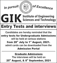 GIKI Entry Test Date 2021 Admission Schedule