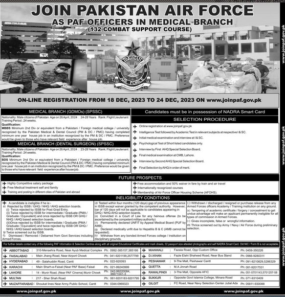 PAF Commission in 132 Combat Support Course Online Registration 2024