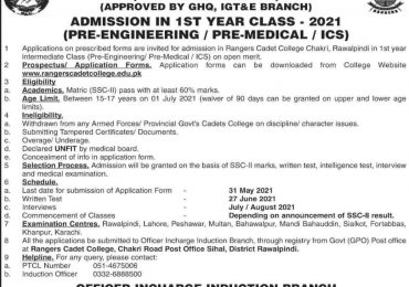 Rangers Cadet College Chakri Rawalpindi Admission 2021 Application Form