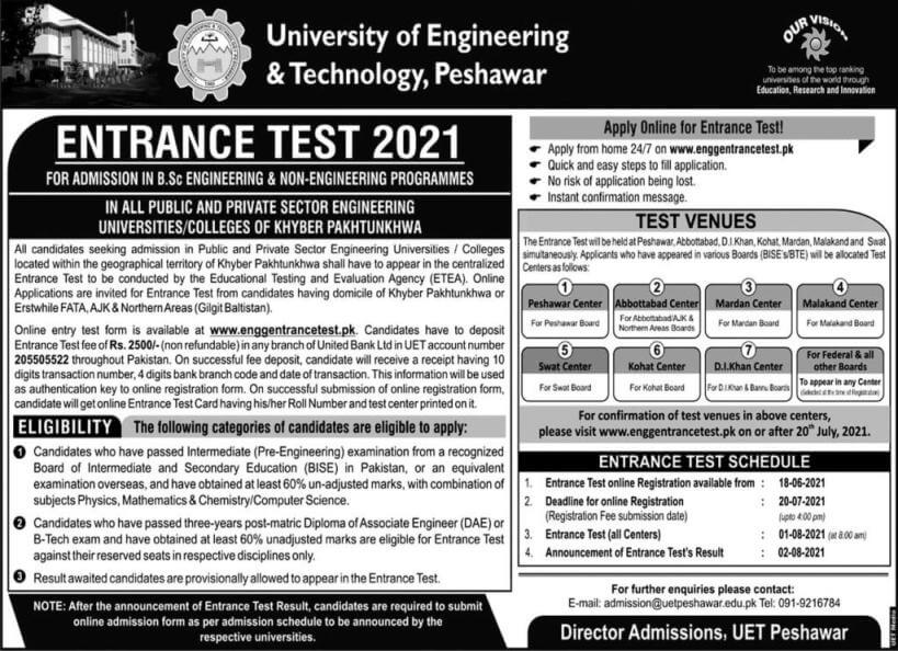 Uet Peshawar Entry Test Date 21 Schedule