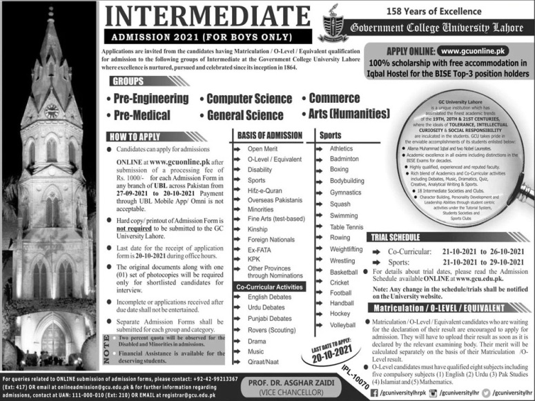 GC University Lahore Intermediate Admission 2021 FA, FSC, ICS, ICom