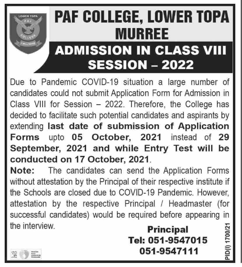 PAF Public School Lower Topa Murree Admission 2021 Form, Test Result