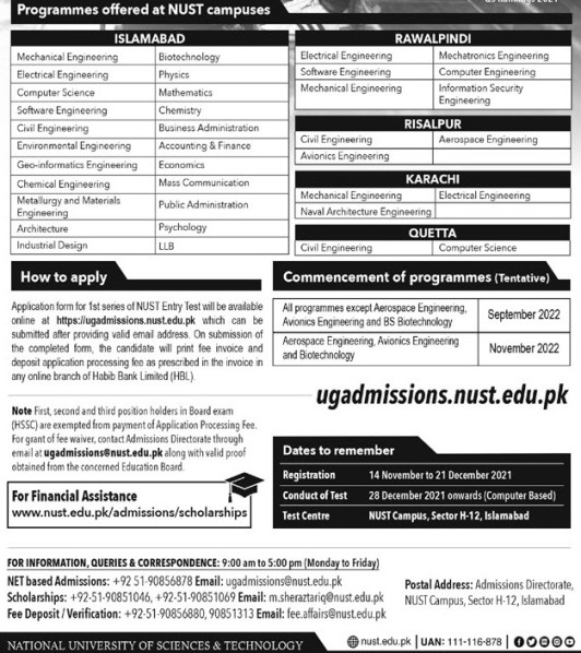 NUST University Islamabad Admission 2022