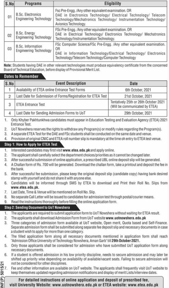 University Of Technology Nowshera Admissions 2021 Last Date