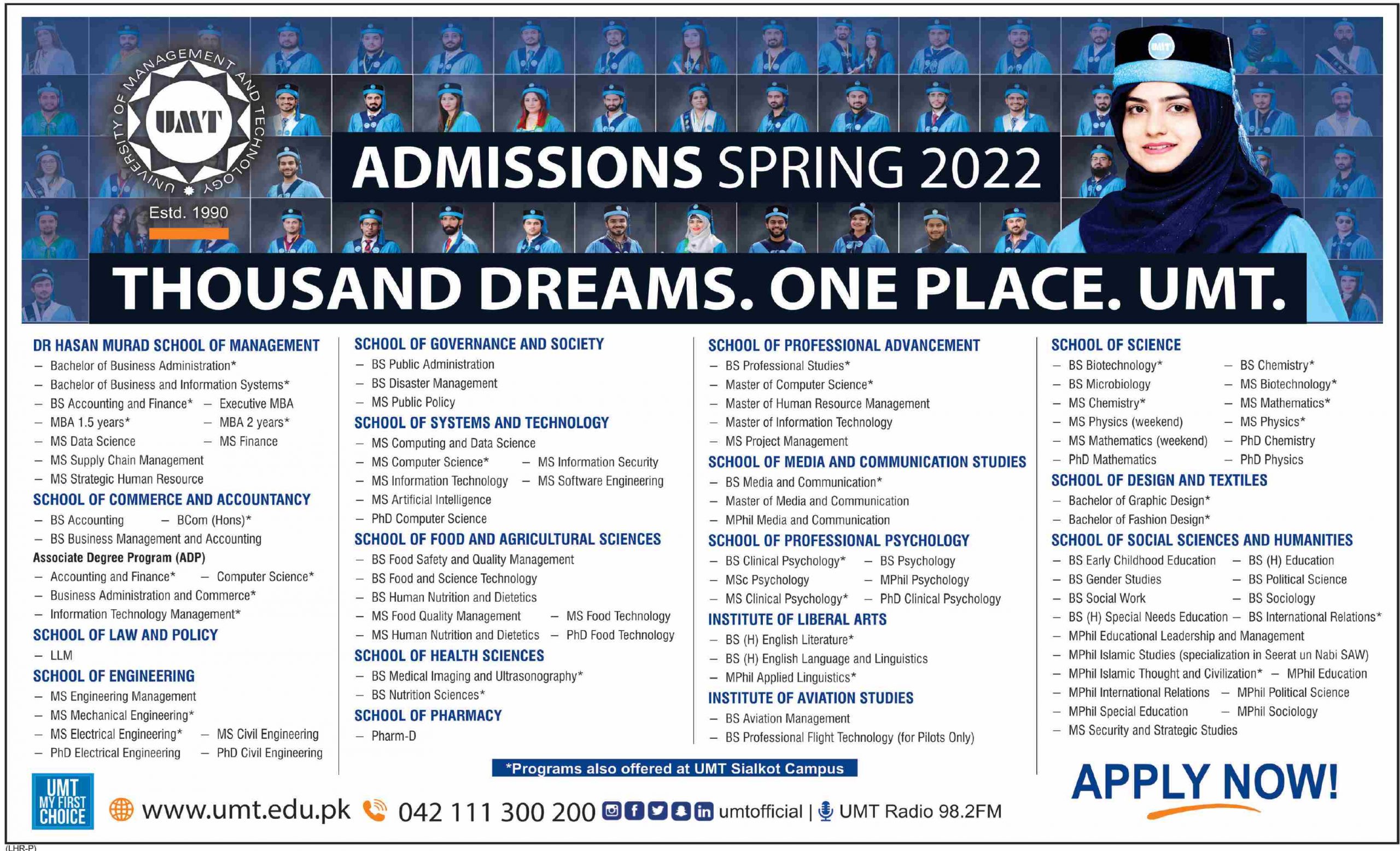 University of Management and Technology UMT Admissions 2022