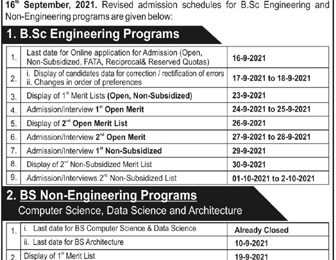 UET Peshawar Undergraduate Admission 2021
