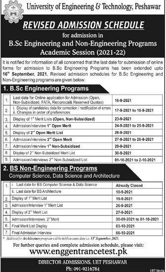 UET Peshawar Undergraduate Admission 2022