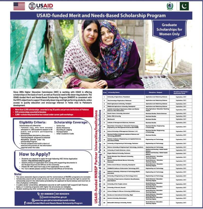PAK USAID Merit And Needs Based Scholarship Program 2021