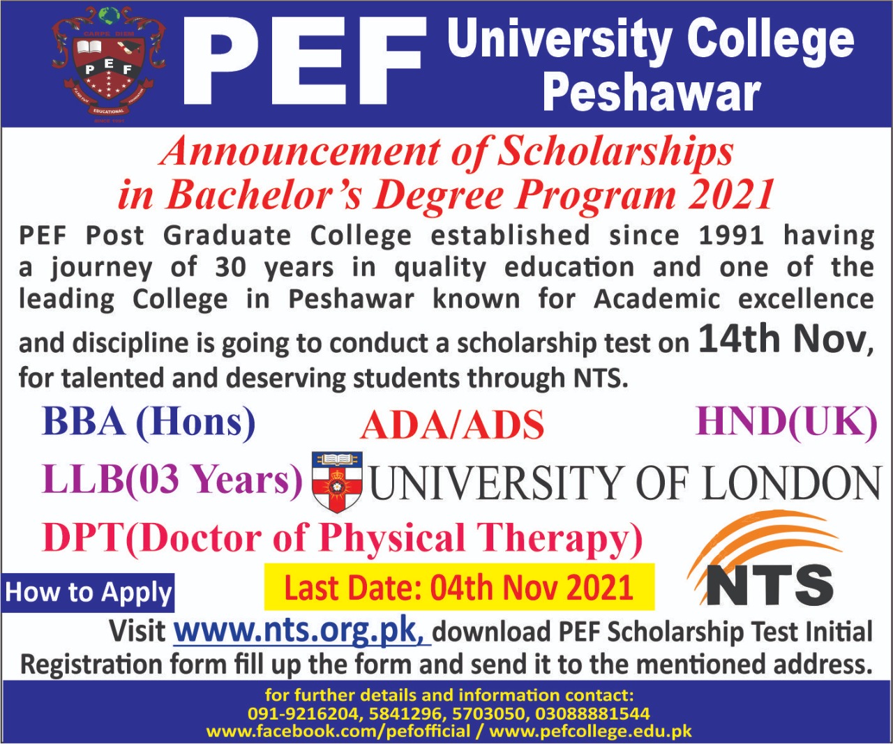 PEF Post Graduate College Scholarship 2021 Last Date