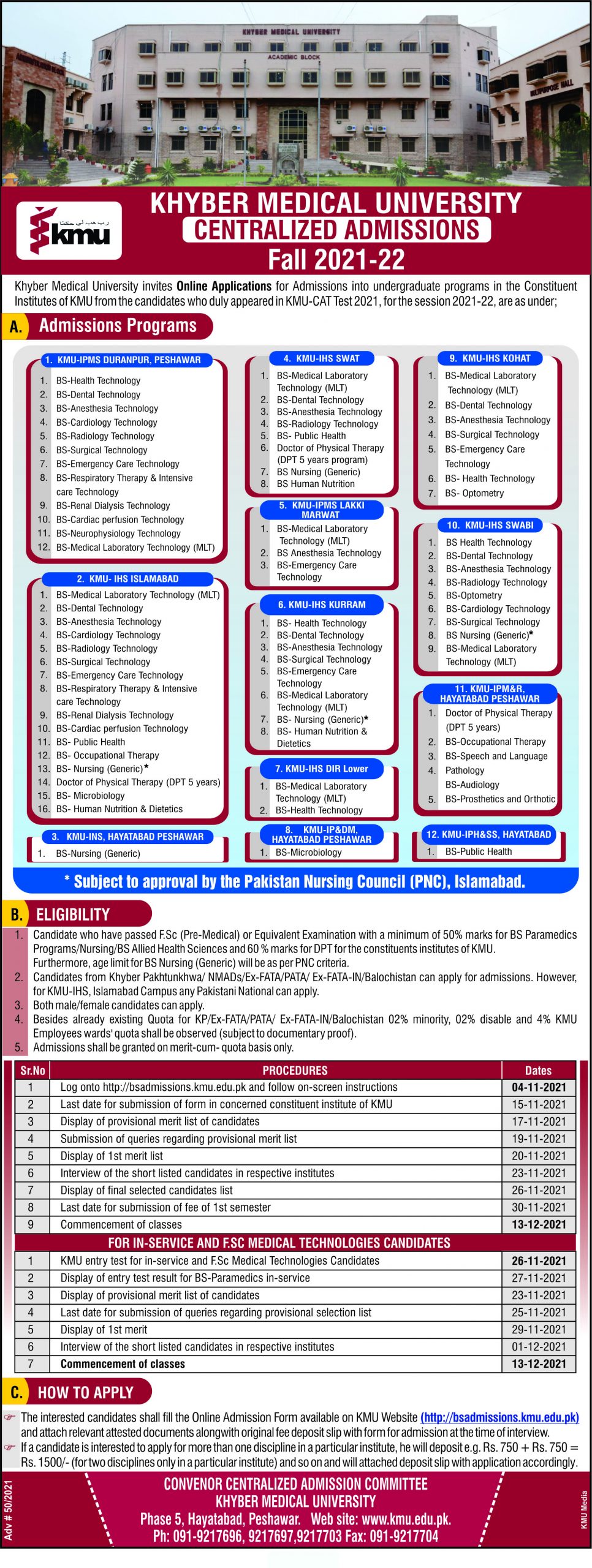 Khyber Medical University KMU Undergraduate Admission 2021