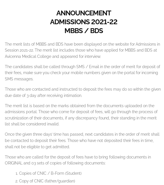 Avicenna Medical College Lahore MBBS/BDS Admission 2021-21 Form