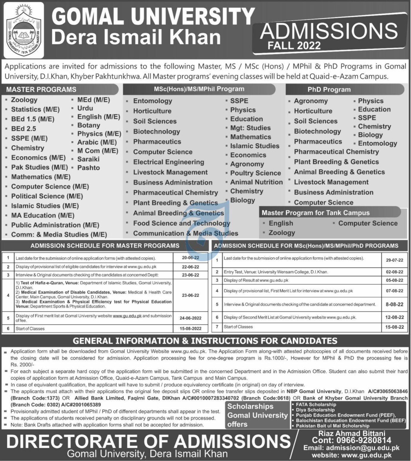 Gomal University DI Khan Admission 2022
