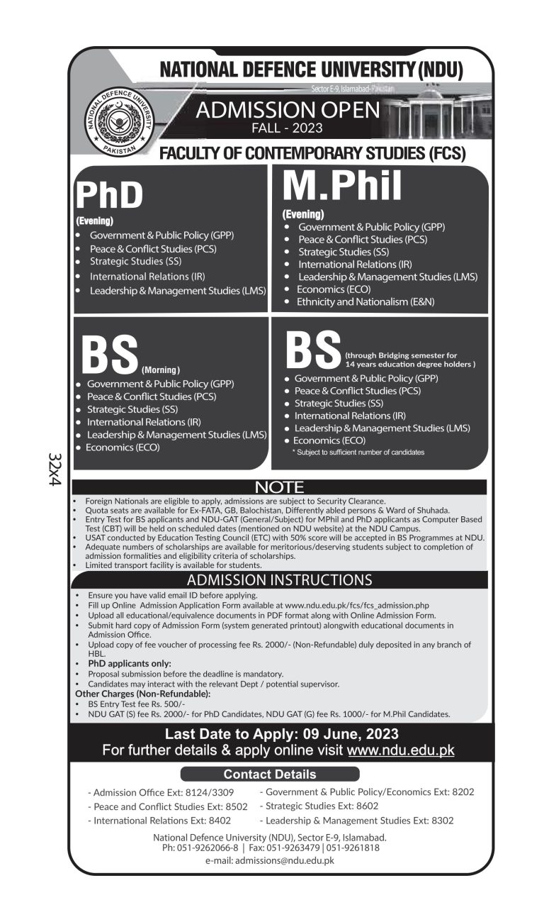 National Defence University NDU Islamabad Admission 2023