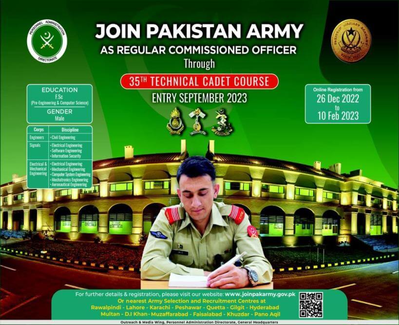 Pak Army 35th TCC Technical Cadet Course 2023 as Engineer