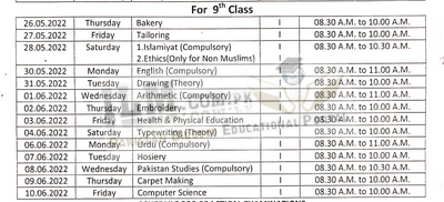 Multan Board 9th Class Date Sheet 2025