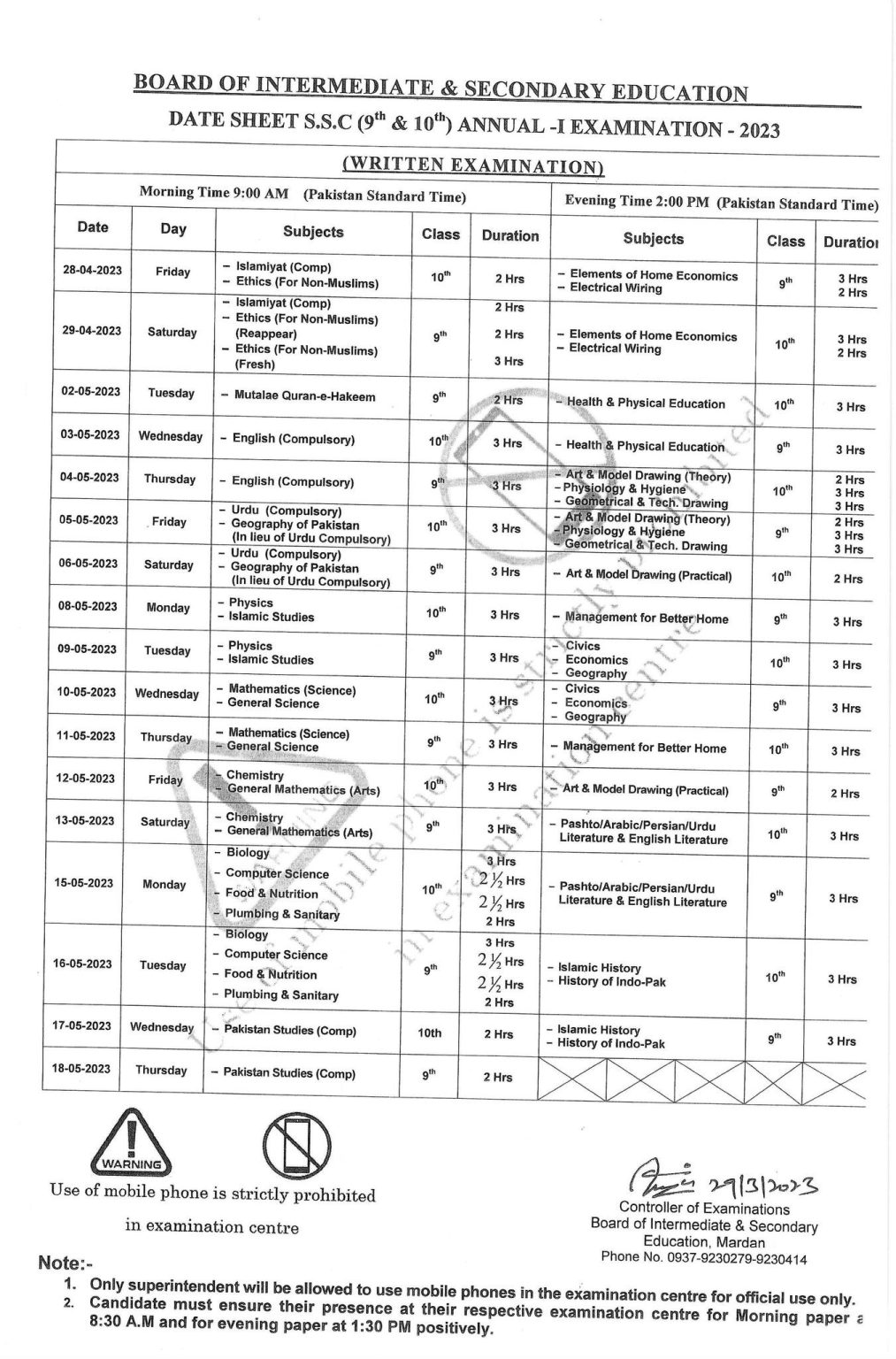 Malakand Board Matric Date Sheet 2024 9th, 10th