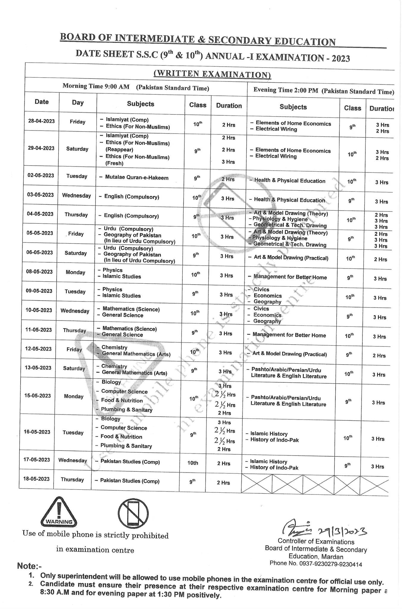 Malakand Board Matric Date Sheet 2025 9th, 10th