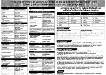 Islamia University of Bahawalpur IUB MPhil, MS, PhD Admission 2022