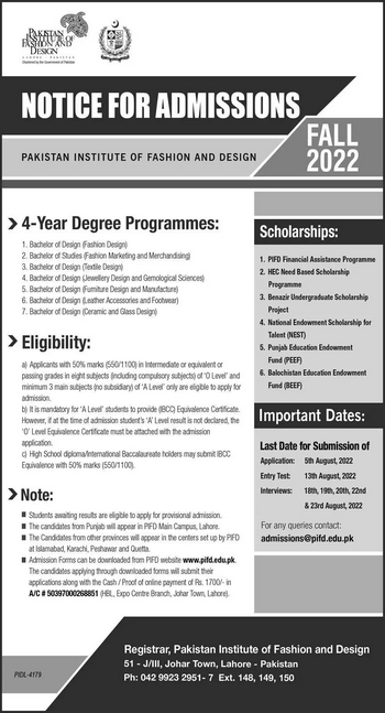 Pakistan Institute Of Fashion And Design PIFD Lahore Admission 2022