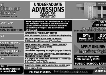 Sindh Agriculture University Tandojam Admissions 2022